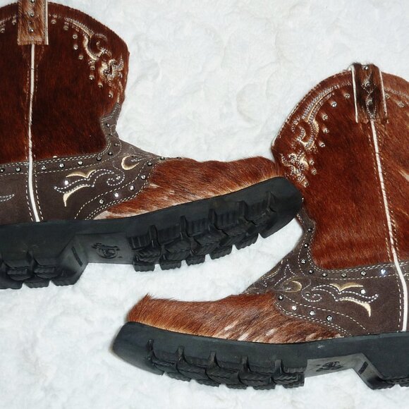 RARE Justin Leather Brindle Hair-On Hide w/ Rhinestones Cowgirl Boots 9 - Picture 9 of 16